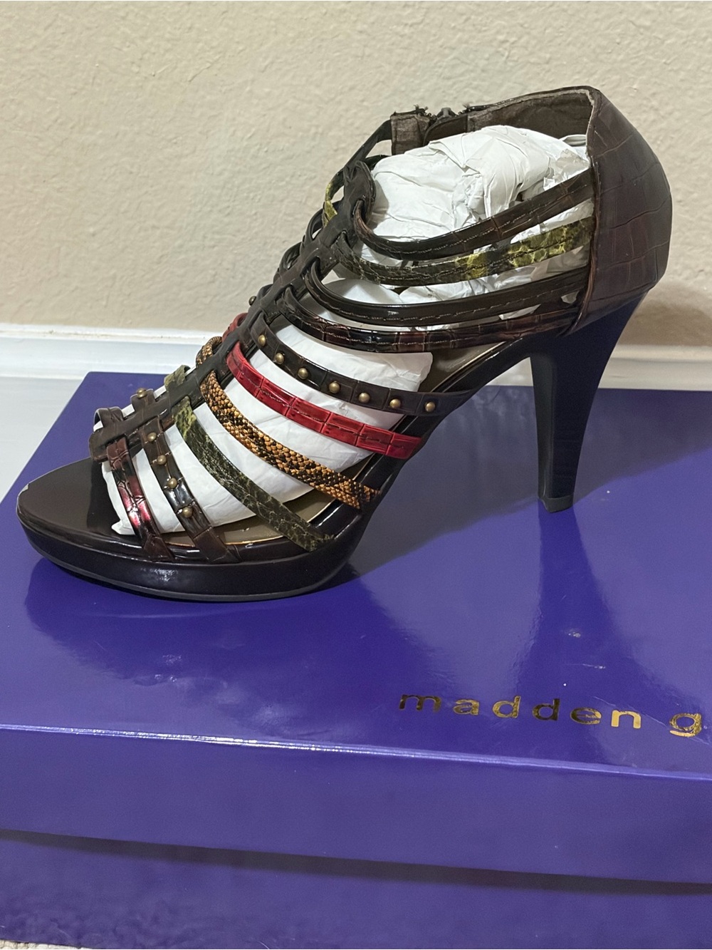 Madden Girl Brown Strappy High Heel Sandal with Red and Green Accents